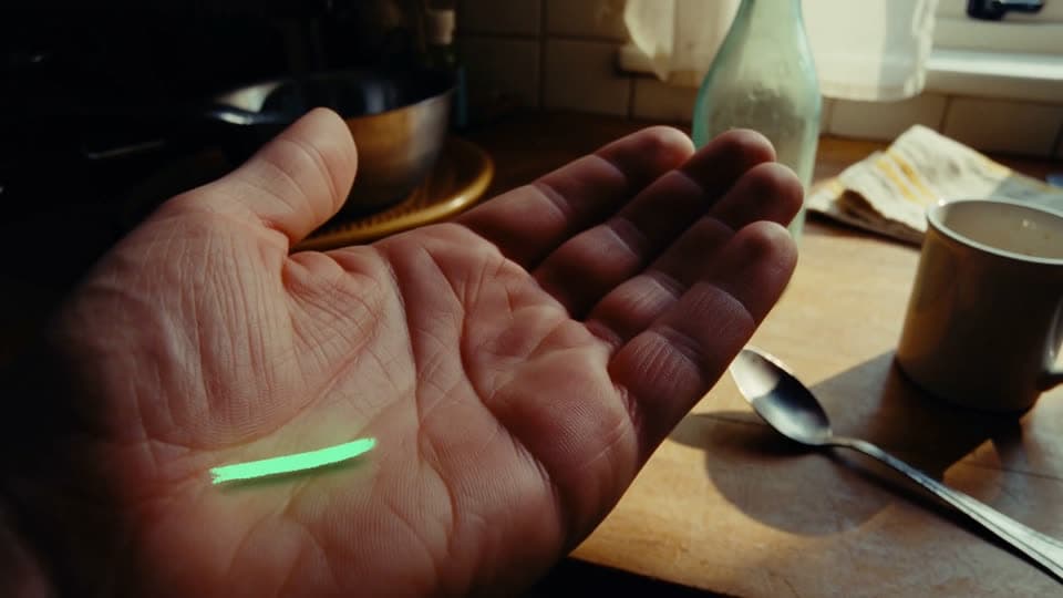 Hand holding a glowing drawn creature in a kitchen