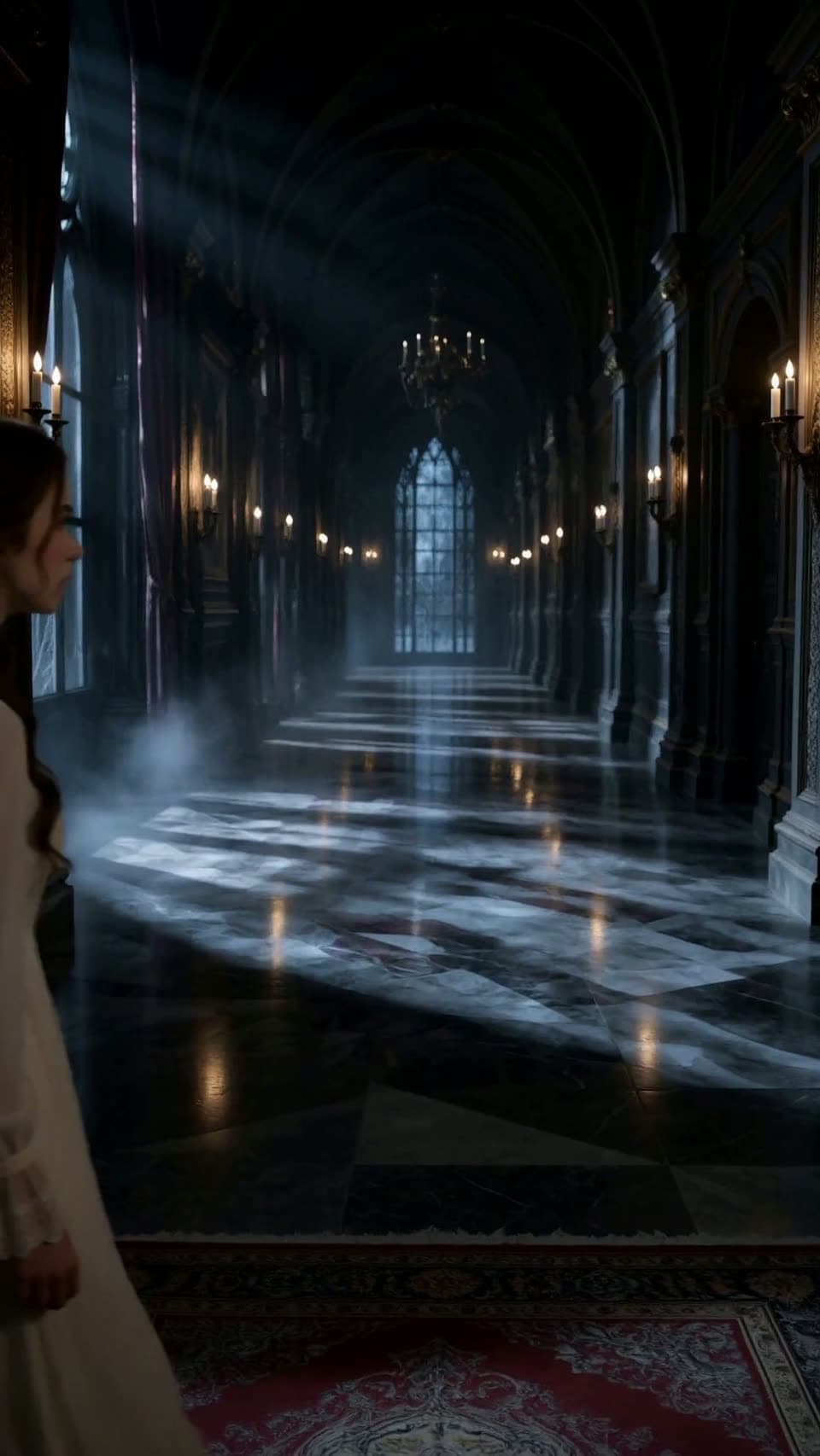 Woman in a dark castle corridor