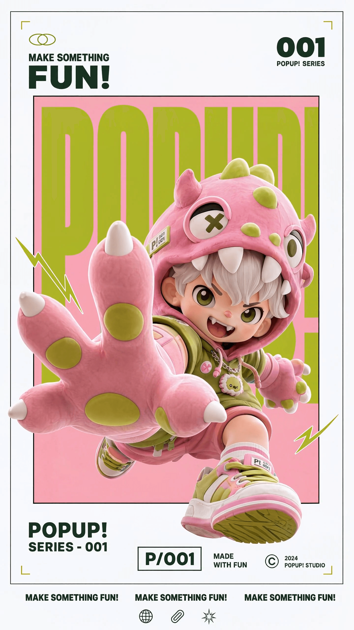 Pink collectible character inside a graphic poster frame