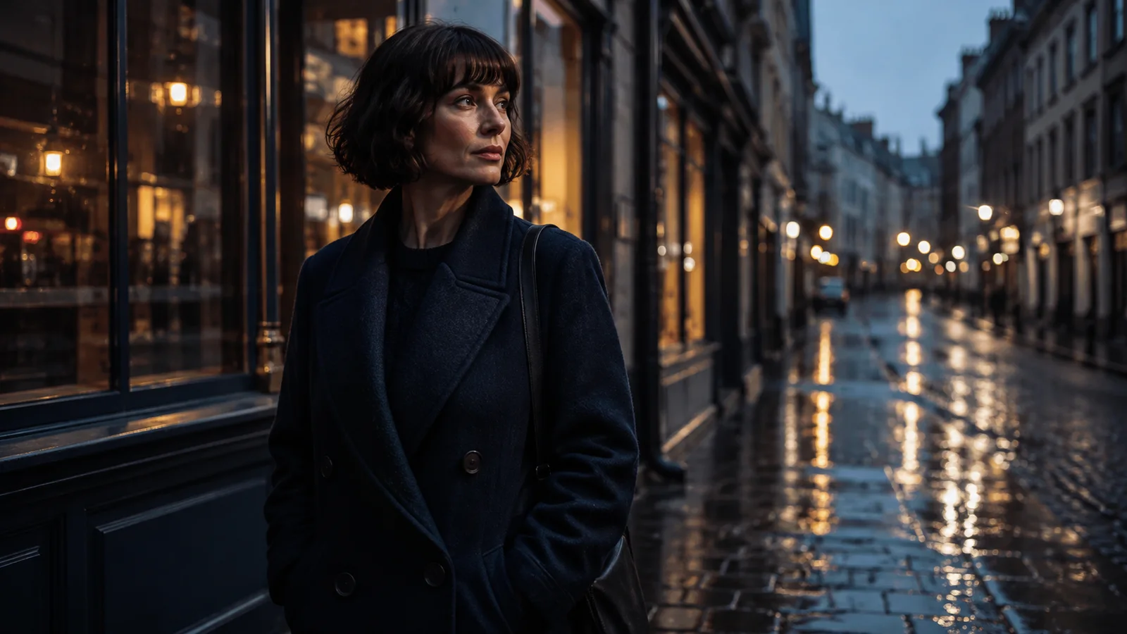 Example image preview showing a woman in a navy coat on a rain-wet street